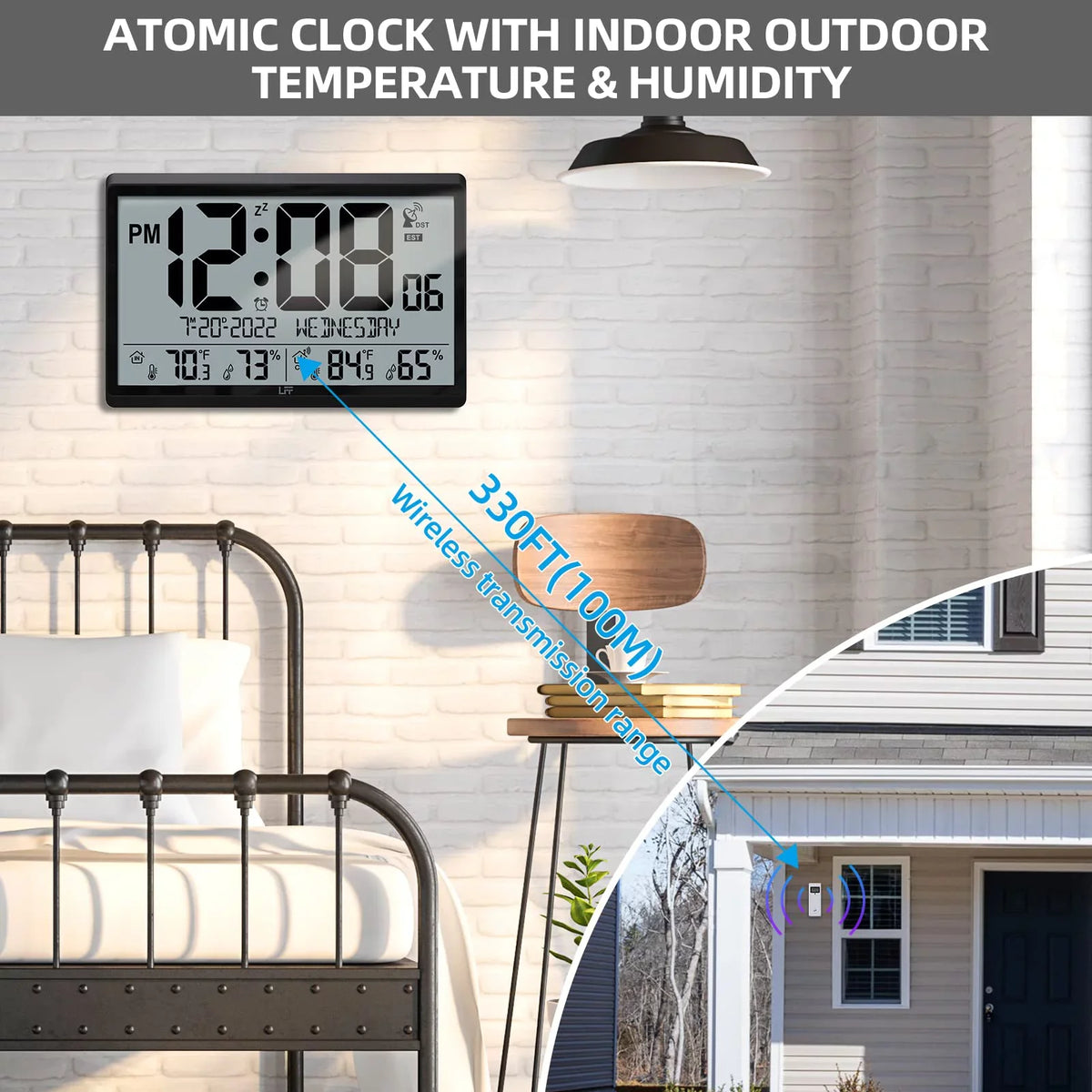 LFF with Battery 4.5" Setting, Needs Atomic 15" Never Clock Humidity, Operated, with Clock & Wall Numbers Easy-to-Read, Indoor Black Clock - exterior Temperature Wall Atomic Digital