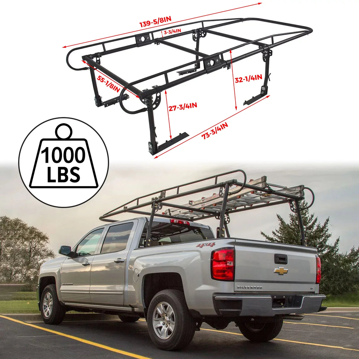 Rack dimension Lbs Truck Over-Cab Rack Utility Lumber Rack Adjustable Pickup Truck Full Ladder 60" Kayak 1000 HECASA
