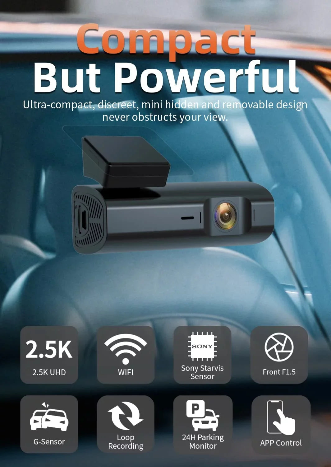 Control, Night 64GB Dash Support Hours Loop 24 Vision, Max with WiFi, Cam, Camera Recording, APP G-Sensor, Dash Parking Monitor, Full HD 2.5K WOLFBOX