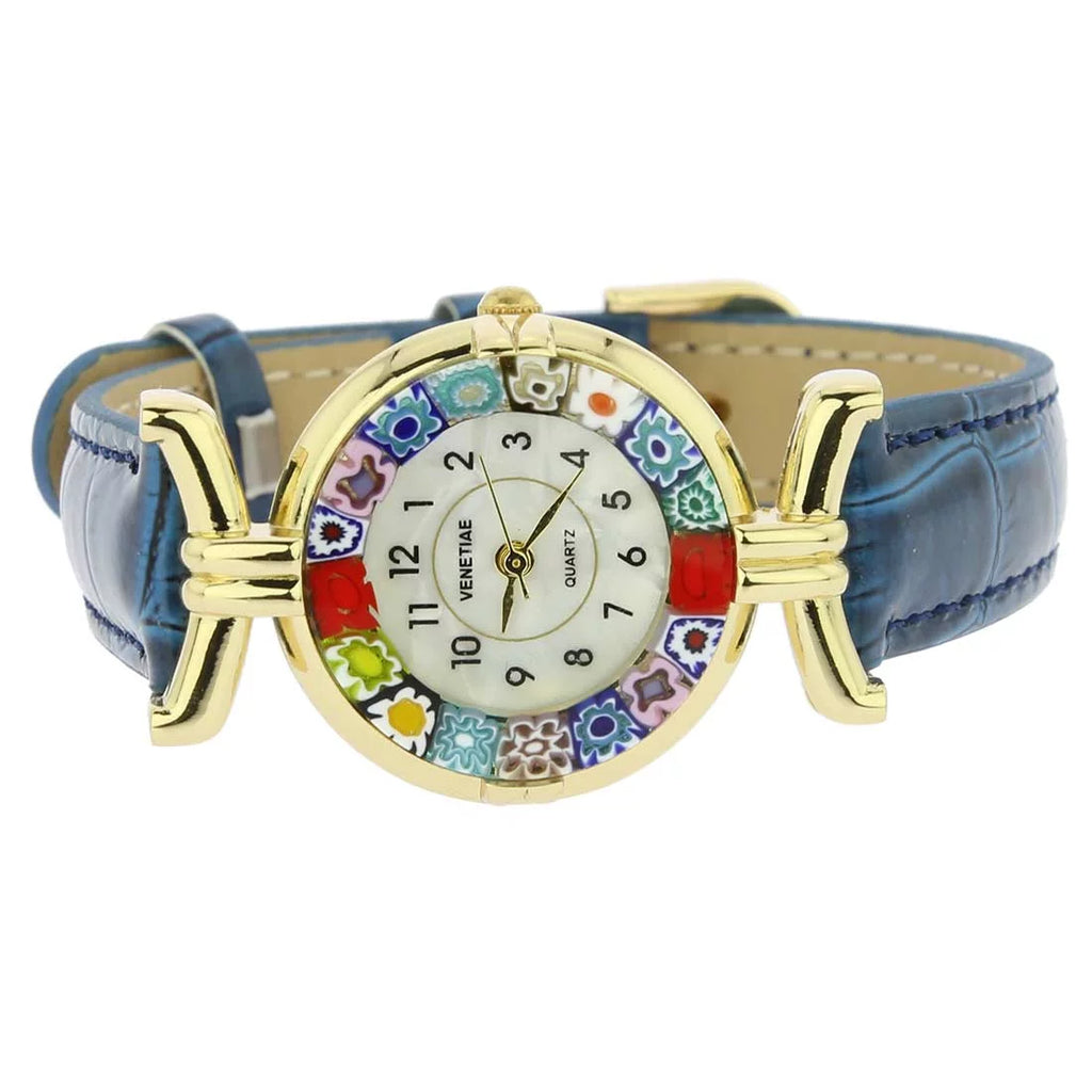 Multicolor Band - Leather Watch Glass Blue with Millefiori GlassOfVenice Murano