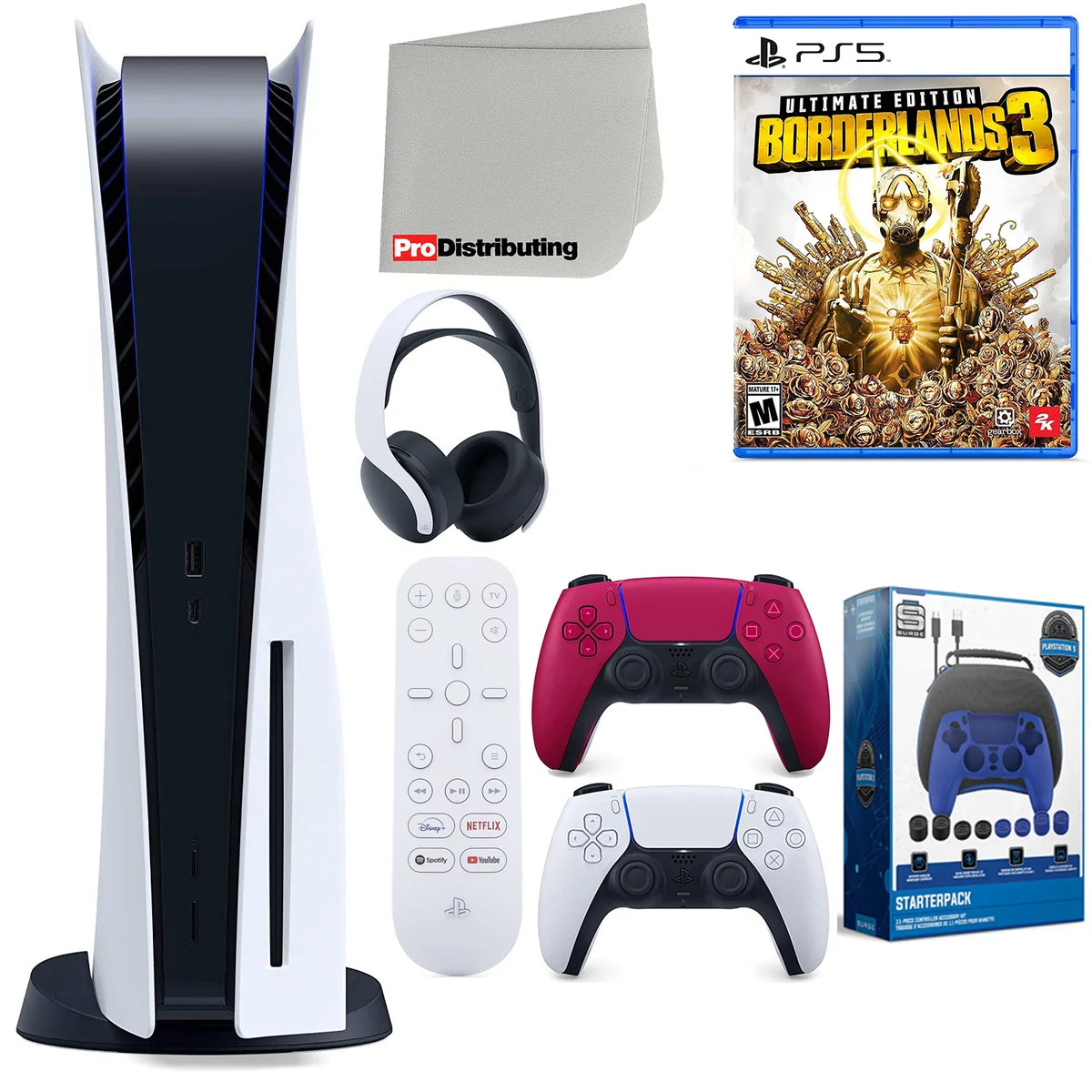 5 Remote, Microfiber Accessory ( Red Controller, Kit Extra 3 Media Disc) Cloth with Playstation and Edition, Bundle Borderlands Cosmic Disc Cleaning Ultimate Headset, Version PS5 Starter