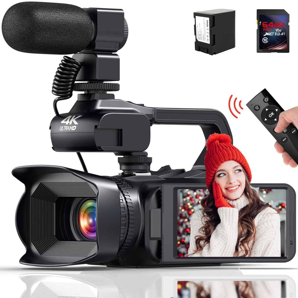 64MP with Focus Screen Zoom Digital Auto Touch 60FPS,HD Video Camera Card, Control MARVUE Remote 18X Charger, 4.0" Vlogging SD Stabilizer, 64G Camcorder 4K Handhold Microphone, Camera