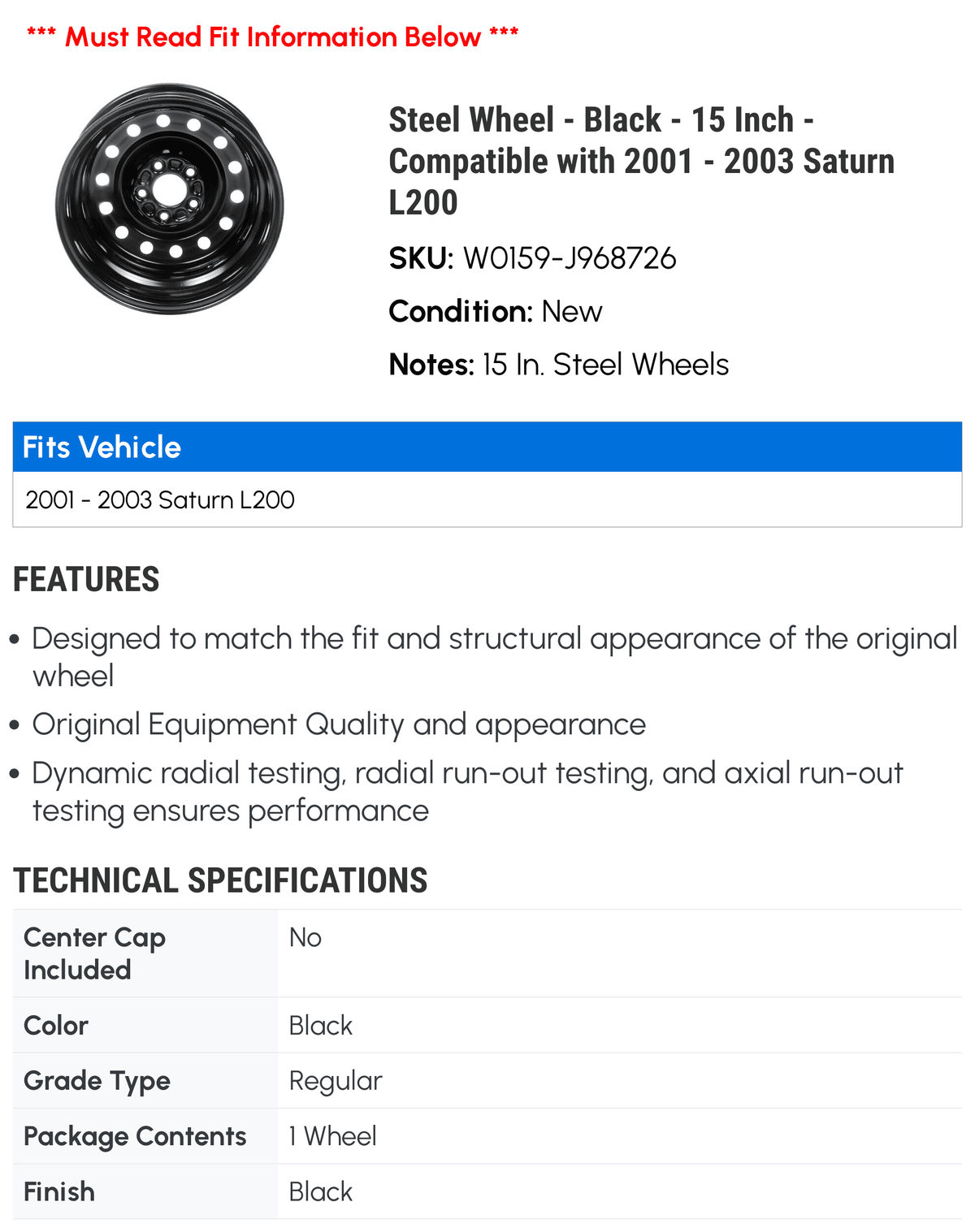 '- - Wheel Black 15 2003 L200 Inch 2002 - with Compatible Steel - Saturn 2001