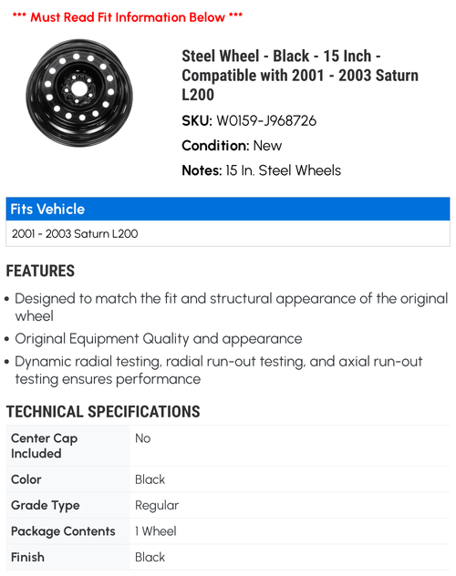 '- - Wheel Black 15 2003 L200 Inch 2002 - with Compatible Steel - Saturn 2001