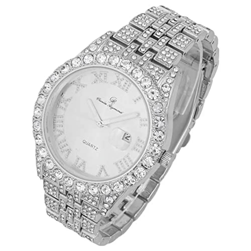 Mens Silver Hip Silver Raymond Dials- Timepiece - Numerals ST0226RND Big Designer Fully Out Watch Rocks Cuban Iced Blinged and Read w/Easy Charles Hop Out Date w/Roman Colorful