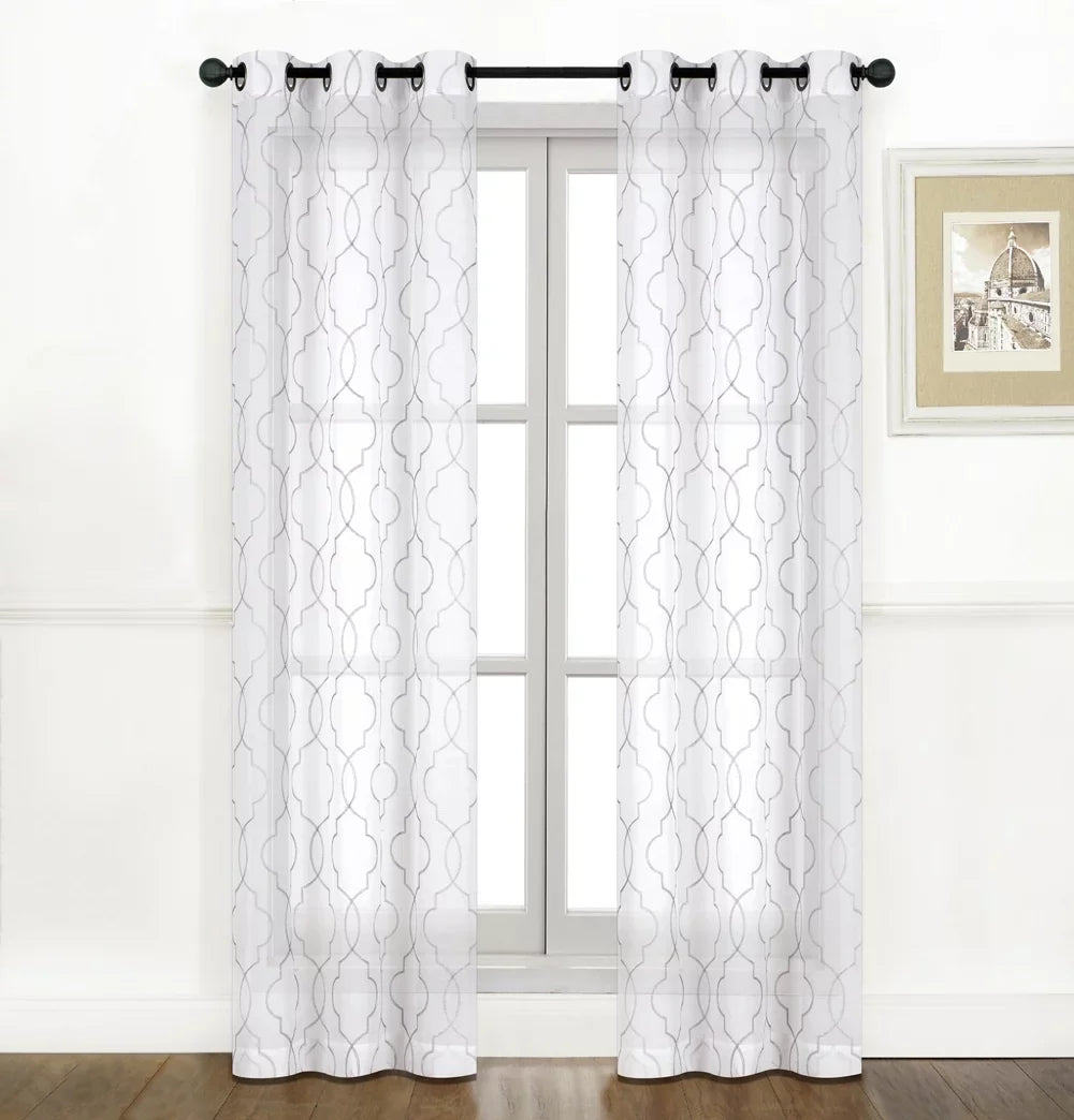 Regal Curtain Pack: Gray Home 2 Embroidered Grommet Sheer Panels - Semi Collections Quatrefoil