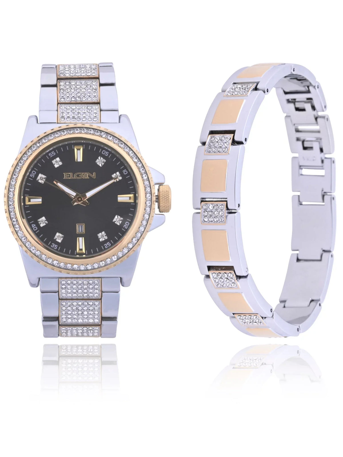 (FG180015ST) with Elgin Gold Stones Alloy Male and Watch Silver Case and and Adult in Bracelet Set