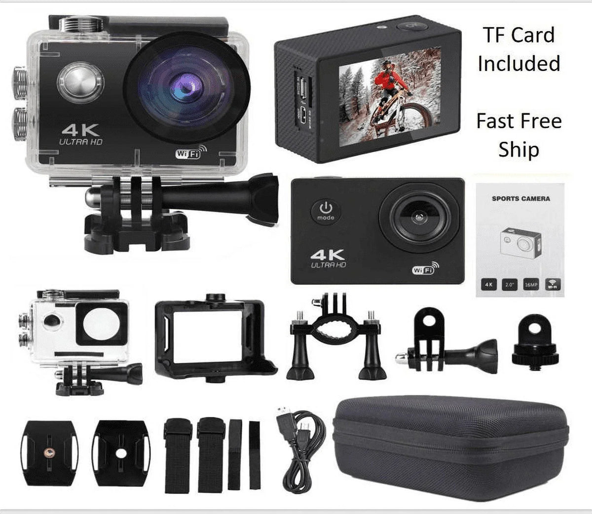 Waterproof, Under Camera HD Camera Included Carry TF 30M Battery, Action Sports 1080P Case Card,