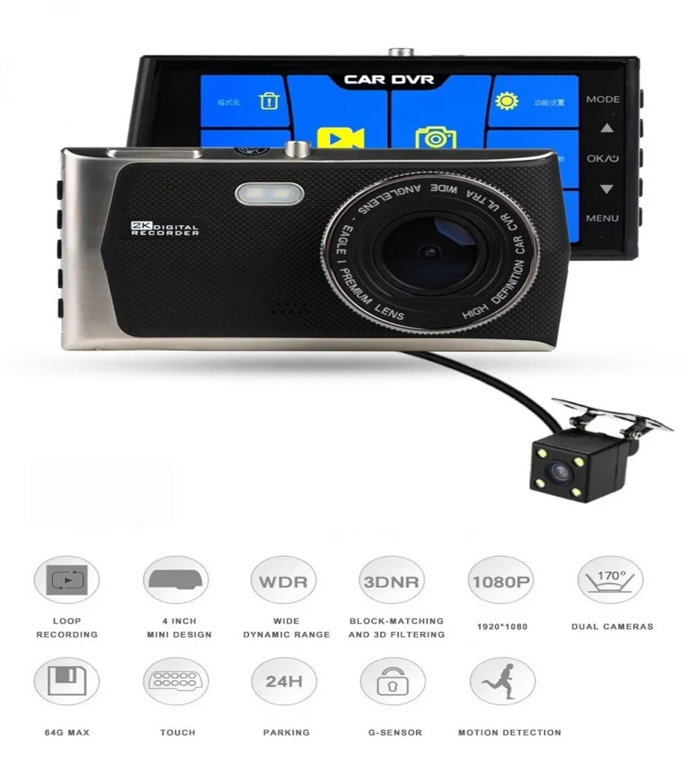 Camera 4" IPS CARD Dash 170 32 Dual Car FHD Degree Camera, GB Angle,G-Sensor,Parking Touch and 1080P Lens HD Night WITH Record& Monitor, SD Cam Record Backup Loop Screen Video
