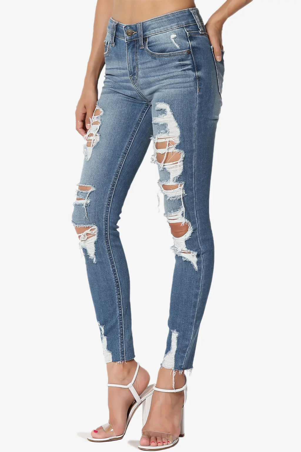 Rise Stretch Mid Deep Distressed TheMogan Perfect in Jeans Skinny Ripped Women's MD