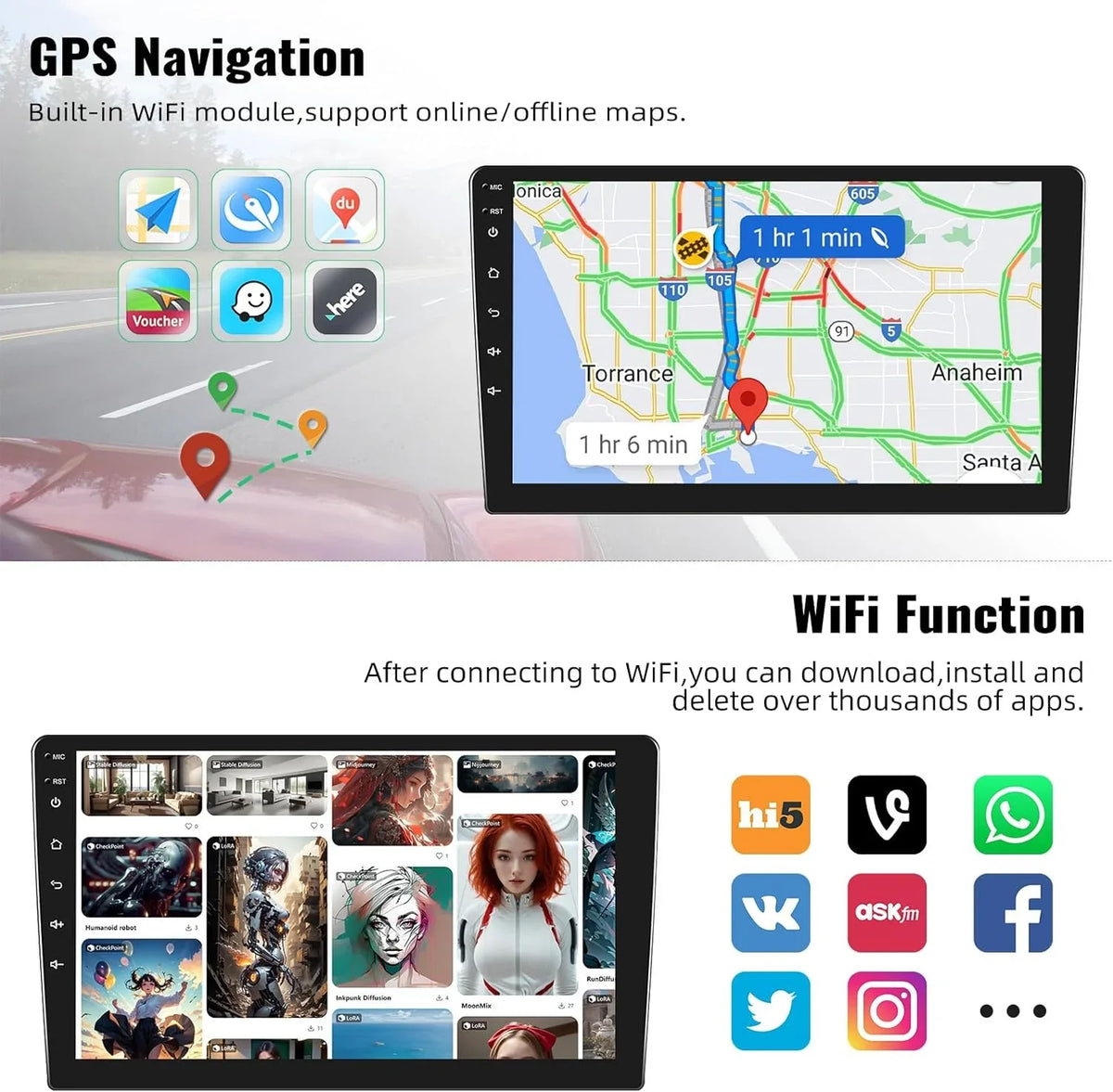 Microphone 1+32G Rear Android Car Single Auto,Navi,WiFi,Bluetooth,FM/RDS+ Radio Stereo, Android Din with Carplay Camera Handsfree,Wireless Inch Car 13 Wireless 10.1 Bluetooth