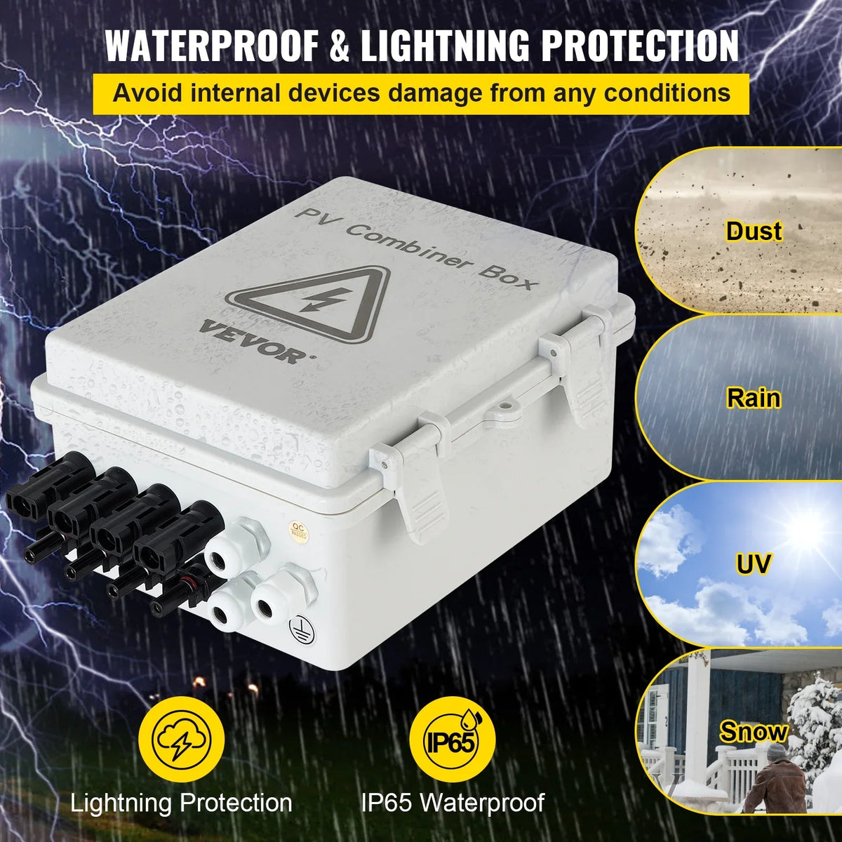 Grid Combiner VEVOR String, On Rated Breaker, IP65 Solar Box Combiner Lightning PV 15a Solar System, Panel Connector, with Off Fuse, Arreste Circuit 63a Current Box, / Waterproof for and 4 Solar