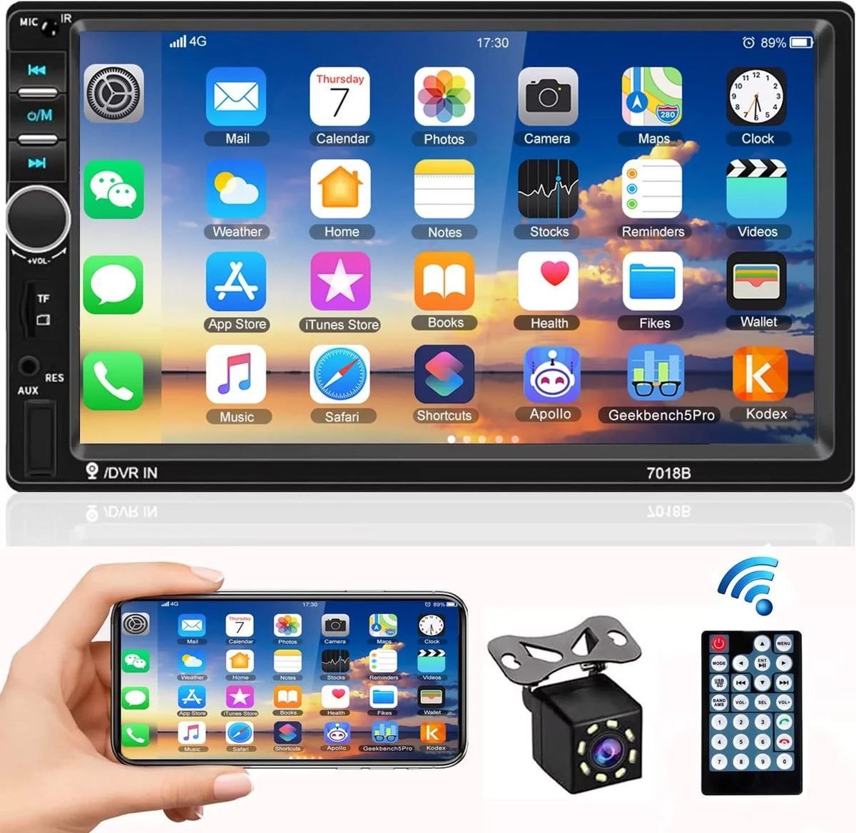 Receiver with USB FM Audio Din with Double Radio Backup Mirror Stereo Bluetooth Camera Screen and 7 Car Touch Radio Inch Car Control Remote Link