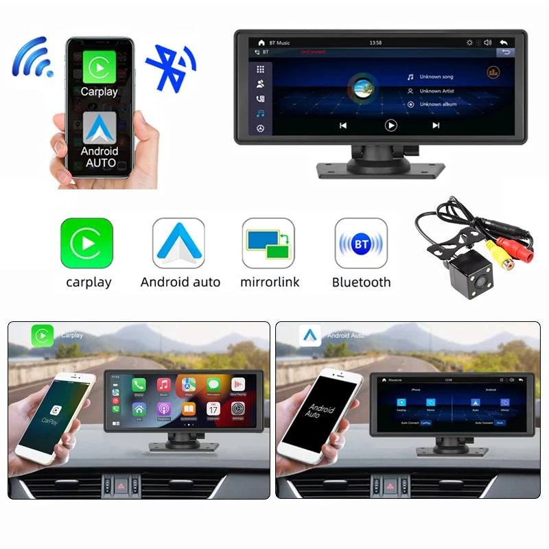 Stereo Synchronization/Rear Player with Stereo,Newest Car Bluetooth Unit Touch Screen with Car Navigation Carplay&Android 9.3 Auto Portable Transmitter,AUX, Bluetooth/FM FM Inch TF Wireless Camera