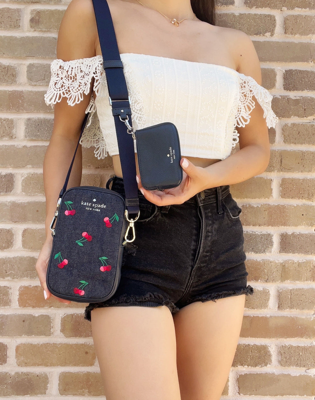 Coin Crossbody Denim Zip Embroidered Phone Kate + Cherries Pouch NS Rosie Spade
