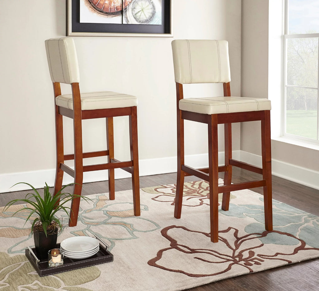 Dark Finish Medium Stool, PVC 30" Seat Mulberry Cream Height, Padded Bar Linon Fabric with Walnut