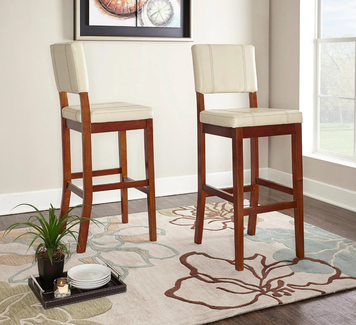 Dark Finish Medium Stool, PVC 30" Seat Mulberry Cream Height, Padded Bar Linon Fabric with Walnut