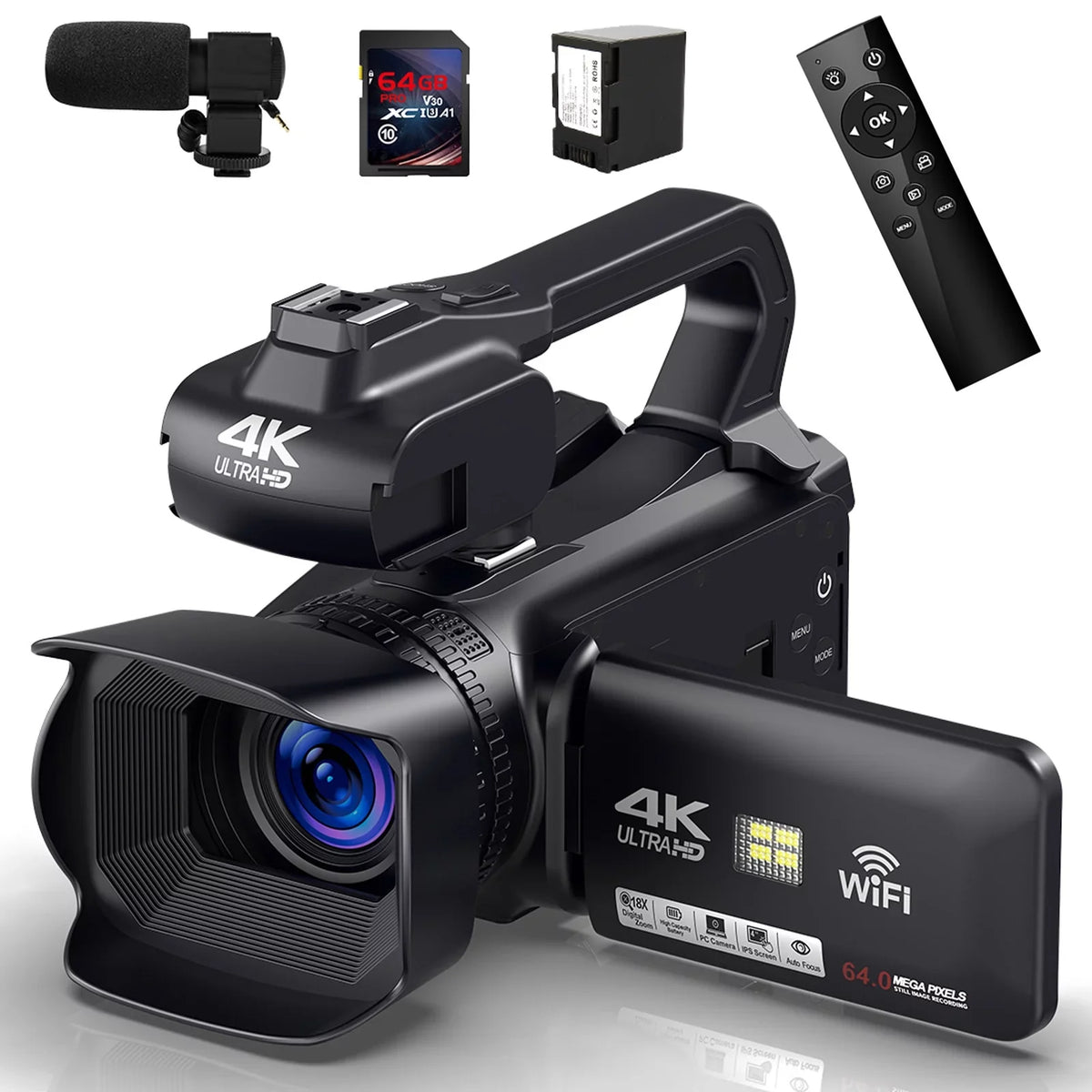 64MP with Focus Screen Zoom Digital Auto Touch 60FPS,HD Video Camera Card, Control MARVUE Remote 18X Charger, 4.0" Vlogging SD Stabilizer, 64G Camcorder 4K Handhold Microphone, Camera