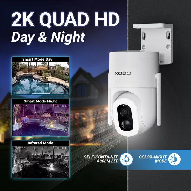 Remote with Security for E15 Pan-Tilt Siren, 2K Vision, 2-Way 3MP App Solar Cloud/SD Home Motion Detection, Camera Color Floodlight – View System, Night exterior Wireless Audio, 360° Cam XODO