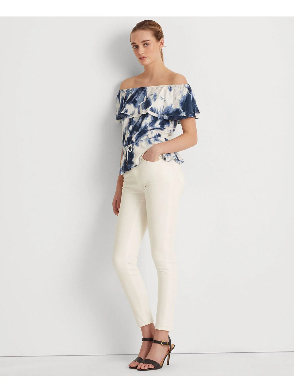 Ruffled Short Tie Drawcord Sleeve LAUREN LAUREN RALPH Womens Peplum Dye Shoulder Waist White Top Off Elasticized S