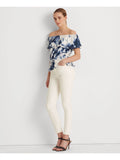 Ruffled Short Tie Drawcord Sleeve LAUREN LAUREN RALPH Womens Peplum Dye Shoulder Waist White Top Off Elasticized S