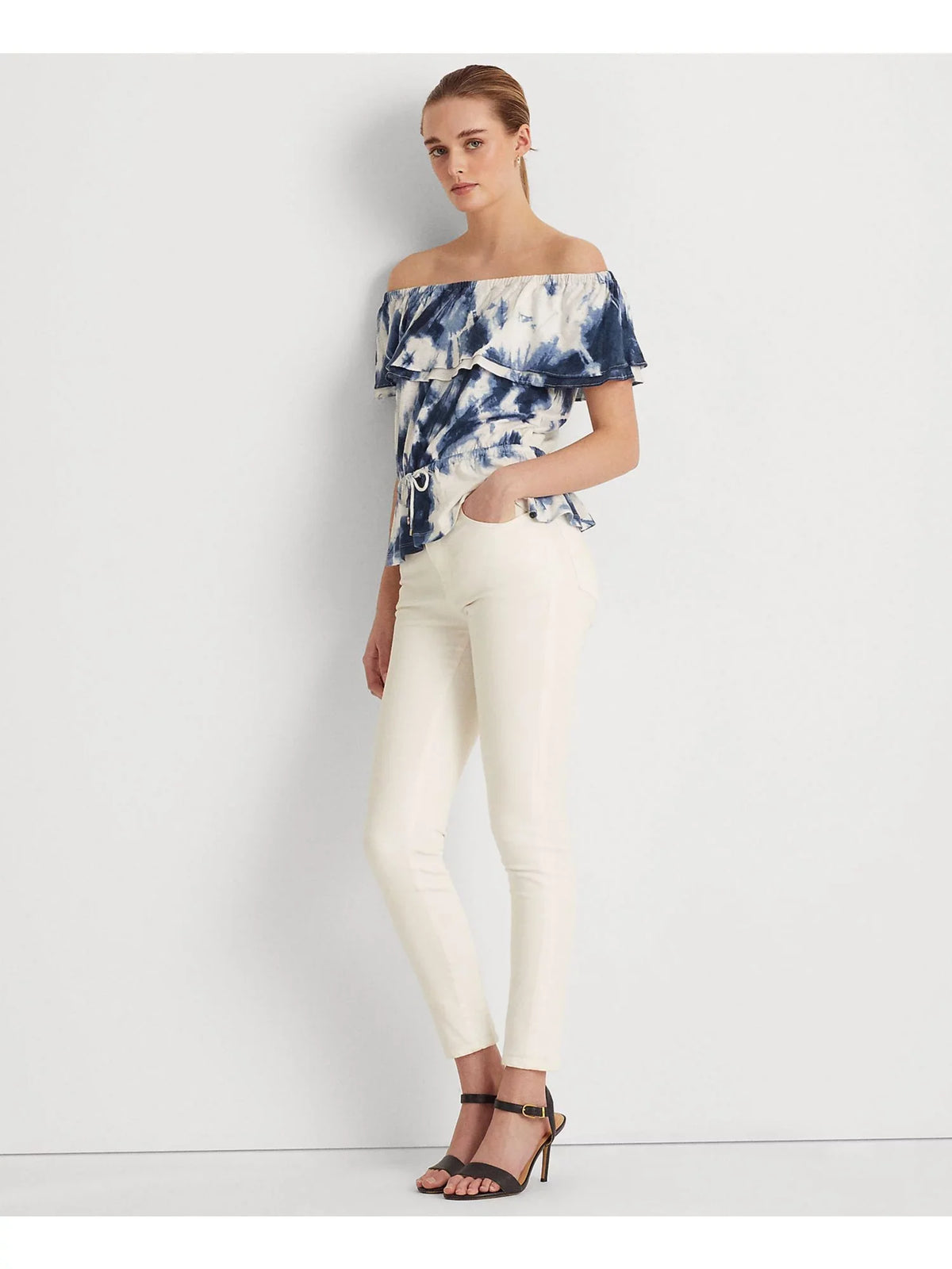 Ruffled Short Tie Drawcord Sleeve LAUREN LAUREN RALPH Womens Peplum Dye Shoulder Waist White Top Off Elasticized S