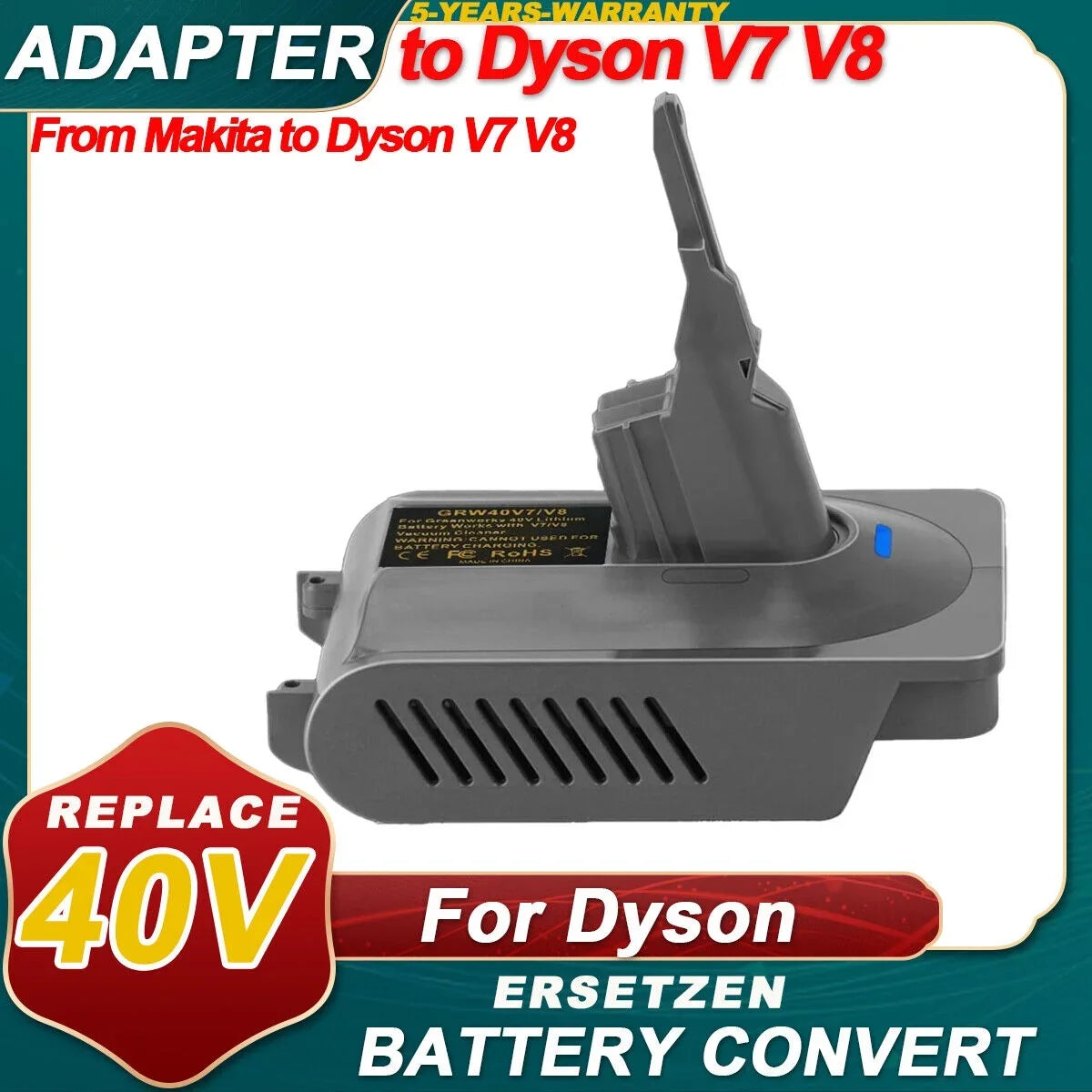 Slim Car+Boat, 40V Absolute, Convert Battery V7&V8 to Fluffy, Dyson Carbon Motorhead, Animal, Makita 2-In-1 Battery, SV11, Adapter vacuum Battery Motorhead, V7 V8 for for Absolute, Fiber, Lion