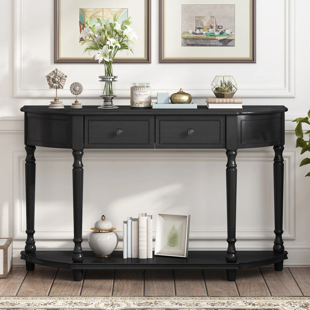 '+ and (Cherry Open design WF298768AAC) Legs Circular Curved Drawers Wooden Two Antique Solid Design SKU with TREXM Top Retro Table Console Blue Frame OLD Shelf