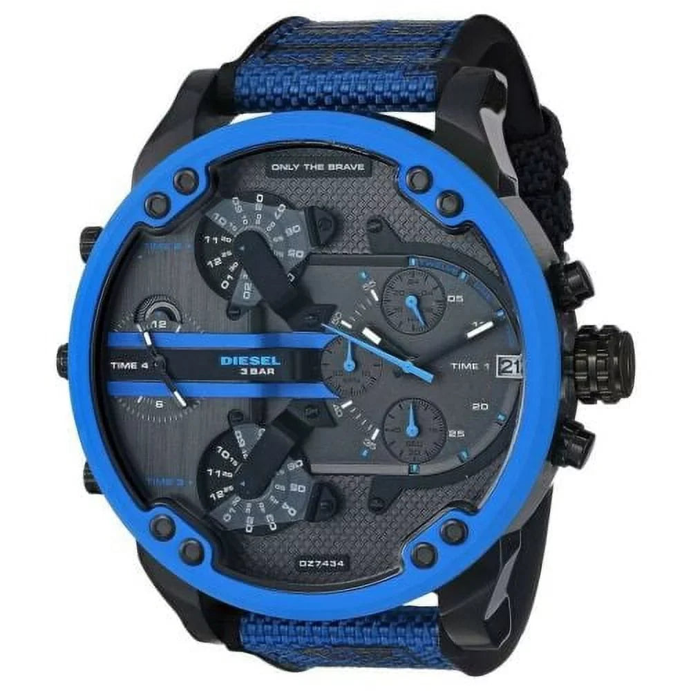 4 BLUE NEW TIME CHRONOGRAPH BLACK DADDY DZ7434 MR. 2.0 NYLON DIESEL MEN'S WATCH