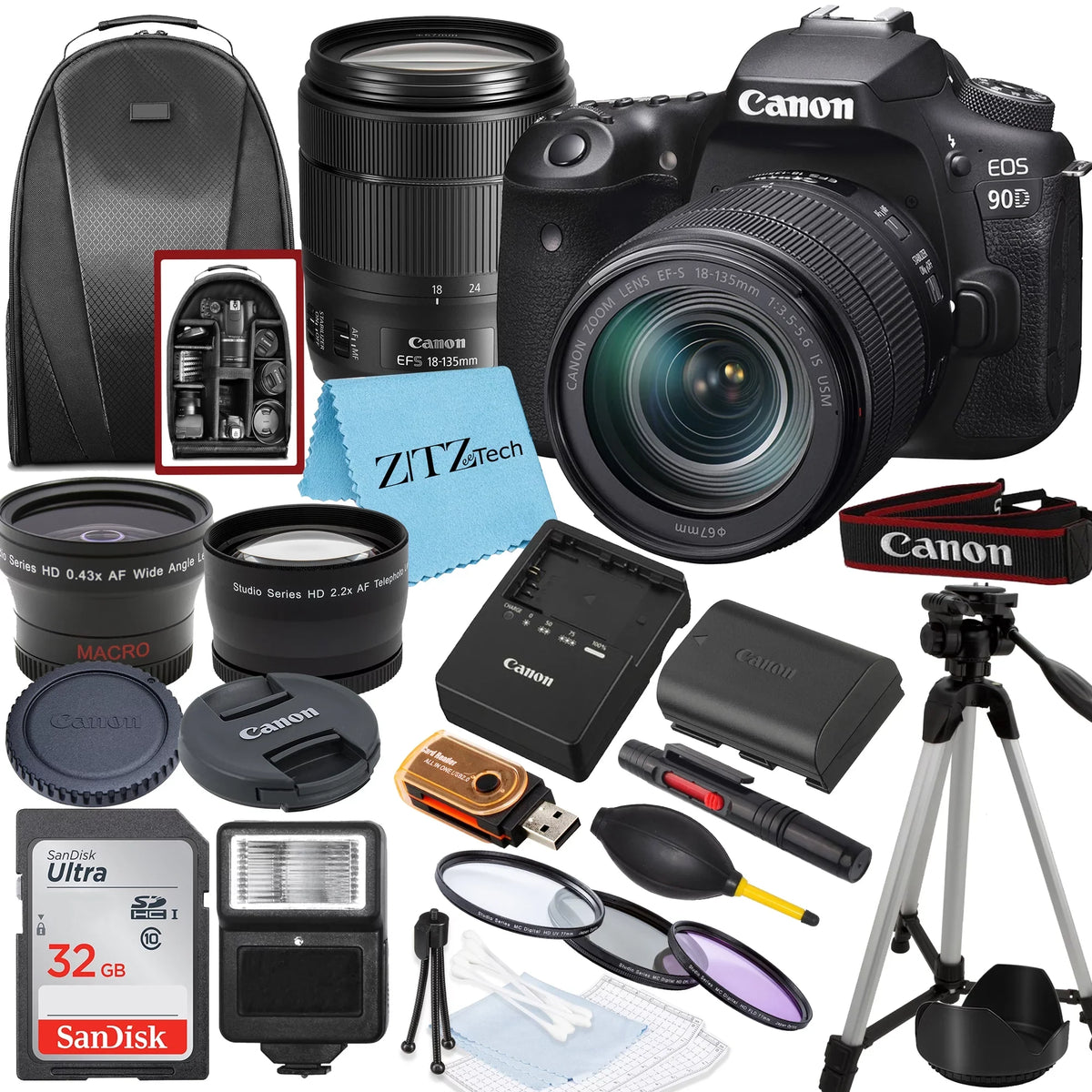 Backpack, 90D Camera ZeeTech Canon Accessory and DSLR Lens, EOS 32GB 18-135mm Memory Tripod Flash, with Card, Bundle SanDisk