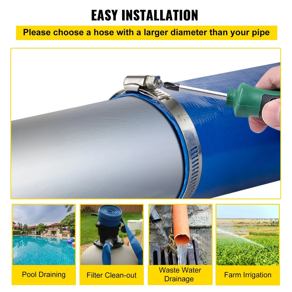 105', Backwash with Burst-proof, VEVOR 3" Hose, for x PVC Flat Swimming Ideal & Duty liquid Transfer, Hose, Blue Lay Clamps, Heavy climate-proof Fabric Hose Discharge & Drain Pool