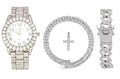 Set Wristwatch Set - (24") The Raymond Iced Cross Bracelet & Choose Shiny Tennis Out Be Out Quartz 3pc Necklace Cuban SLV ZZ Mens Luxury w/Diamond Blinged - Charles Lit Dial ST10327AR Matching