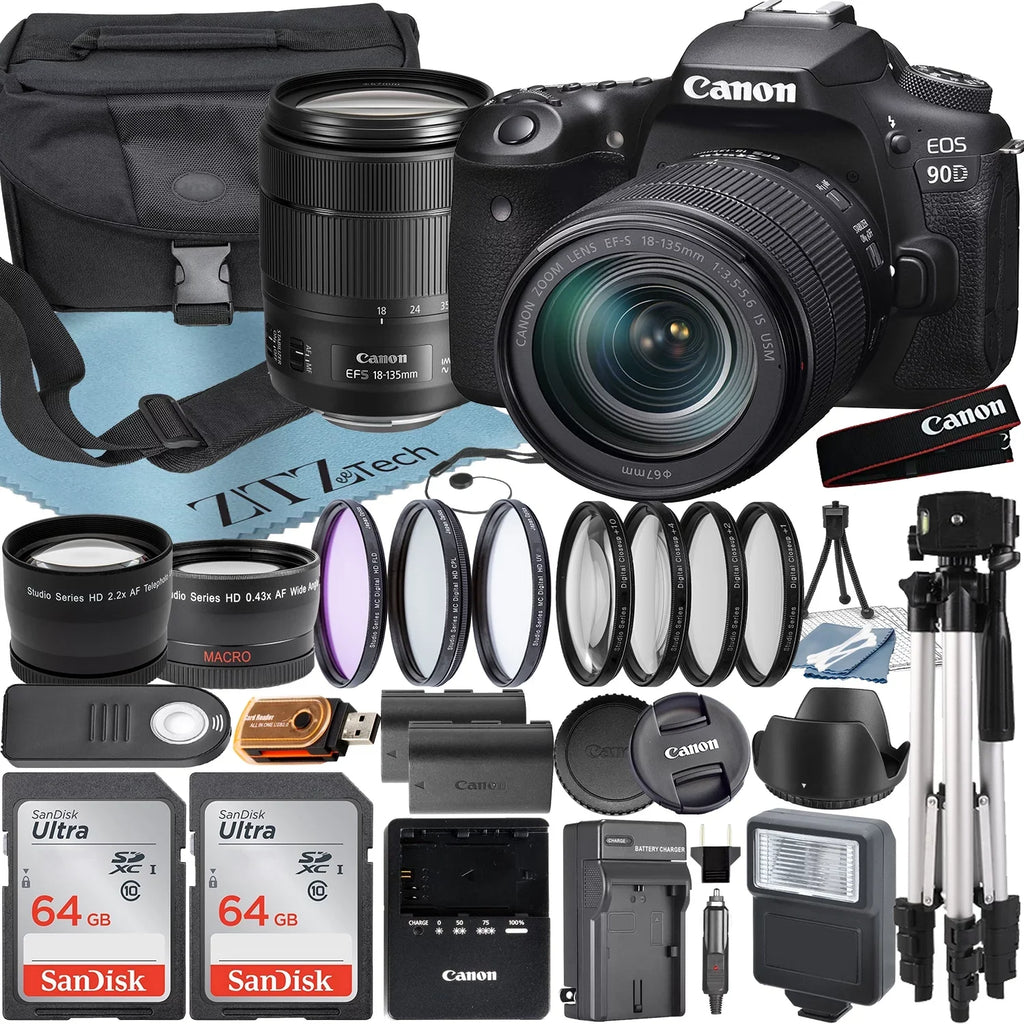 Pieces IS + USM 2 + Canon SanDisk DSLR + 64GB + ZeeTech 18-135mm Tripod Camera EOS Case Accessory + Bundle 90D Lens Card with Telephoto