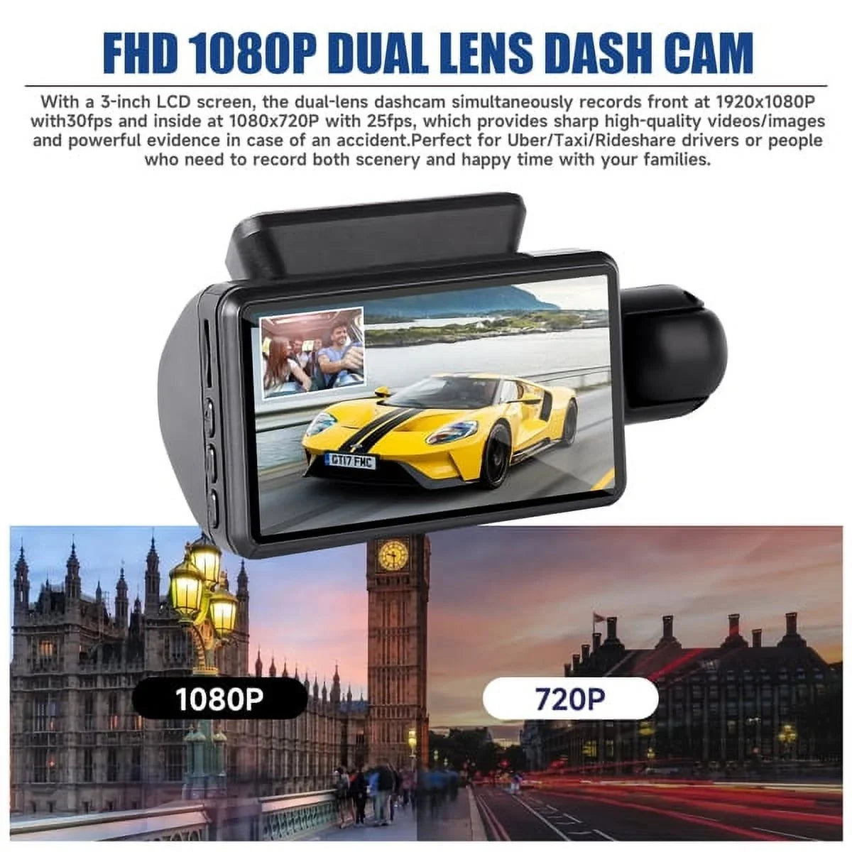 Dash 1080P 170° G-Sensor Vision Wide Front SYTHERS Night Recording, Angle, Cam Camera Rear, Dash and Loop