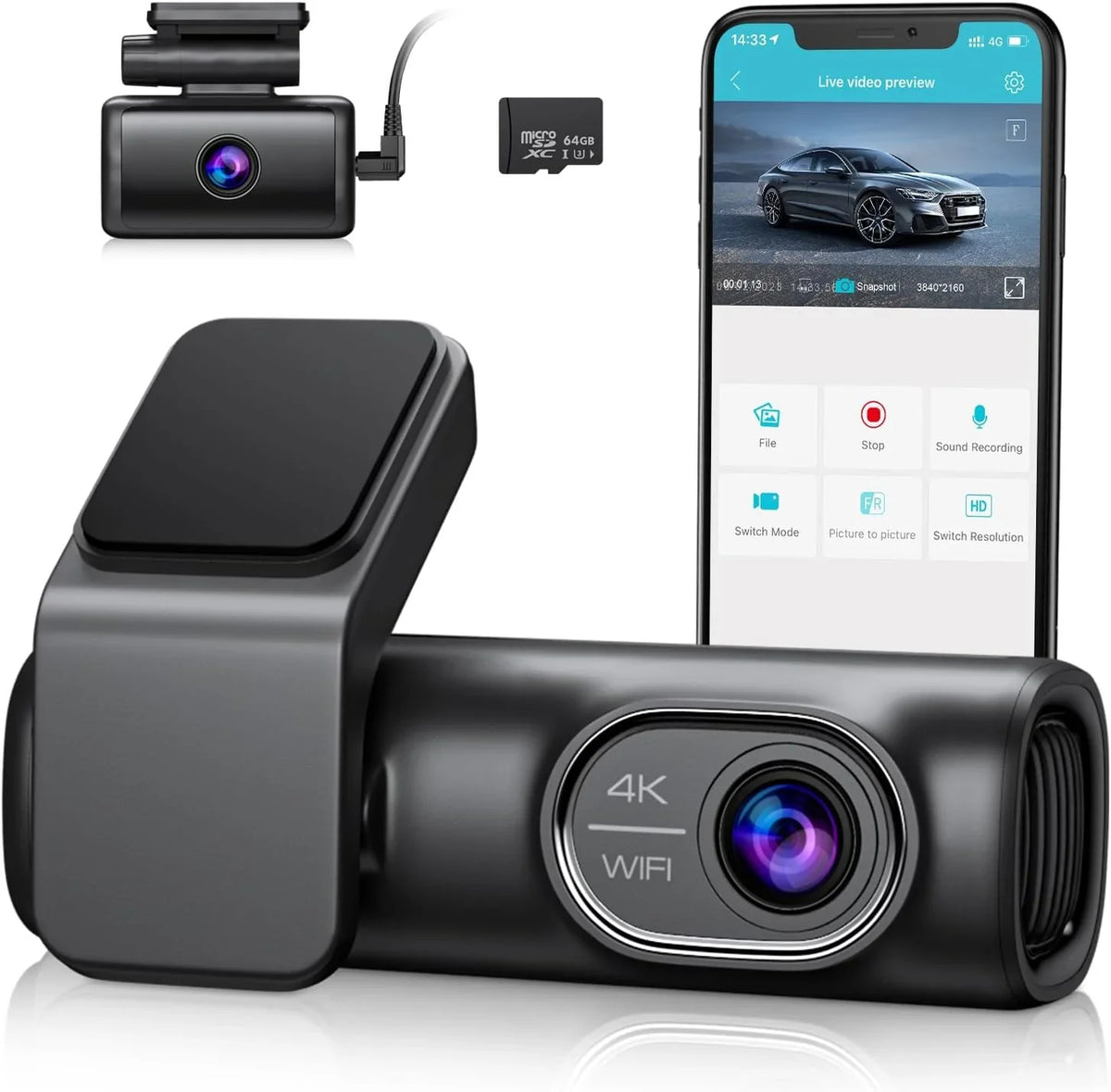4K/2K/1080P+1080P Free with Night APP Vision, Recording, Card,WDR Loop 24h Cars OMBAR GPS 64G Rear for 5G Front Mode,170°Wide, SD Cam G-Sensor, Parking WiFi Dash and