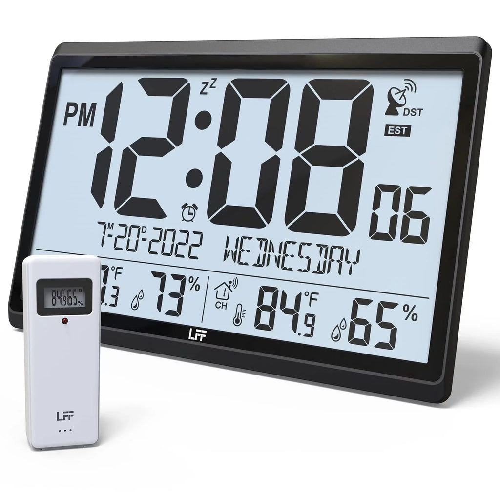 LFF with Battery 4.5" Setting, Needs Atomic 15" Never Clock Humidity, Operated, with Clock & Wall Numbers Easy-to-Read, Indoor Black Clock - exterior Temperature Wall Atomic Digital