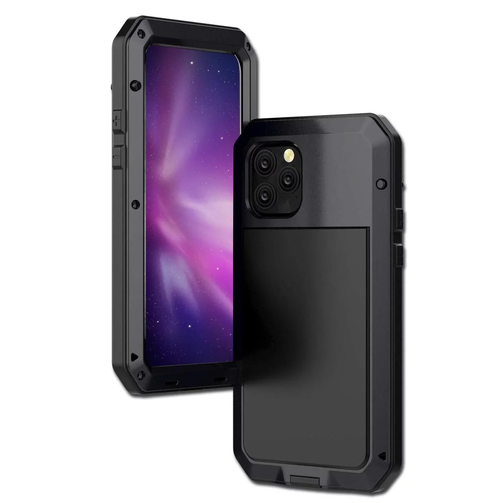 Case Shockproof exterior Protection, 15 Grade Scratch Heavy iPhone Aluminum Military Travel Rugged Metal and Glass Duty Resistant Gorilla (Black)