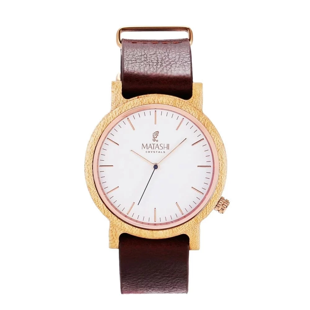 Matashi Womens Travel, 1ATM liquid Brown Casual and Mens Leather Wooden Business Watch Strap, Swiss Resistant, or w Wrist