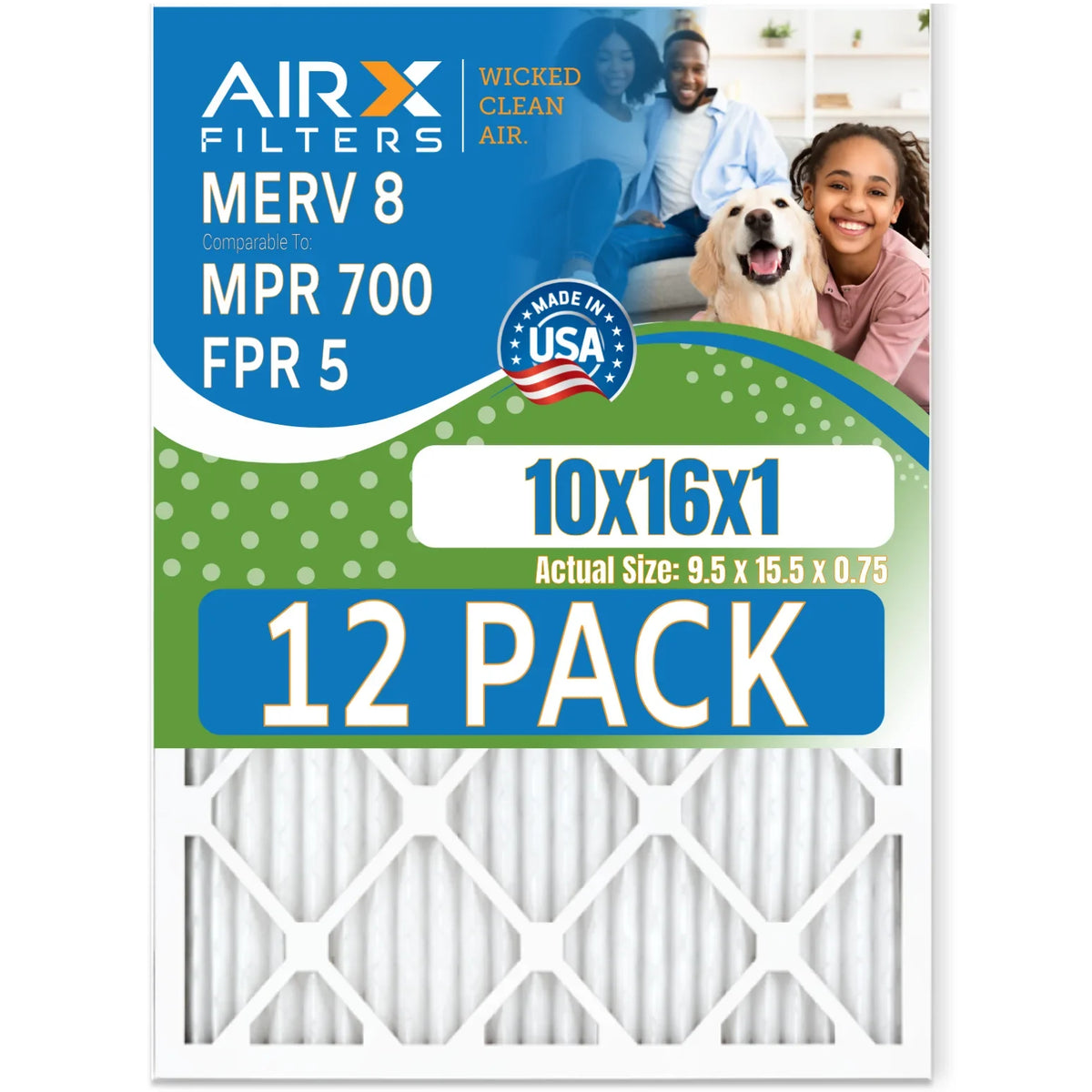Pack WICKED FILTERS 10x16x1 Comparable FPR 700 CLEAN of 12 Made Furnace Filter USA - MPR in 8 Rating, & Filters 5 by AIR. AIRX MERV to Air
