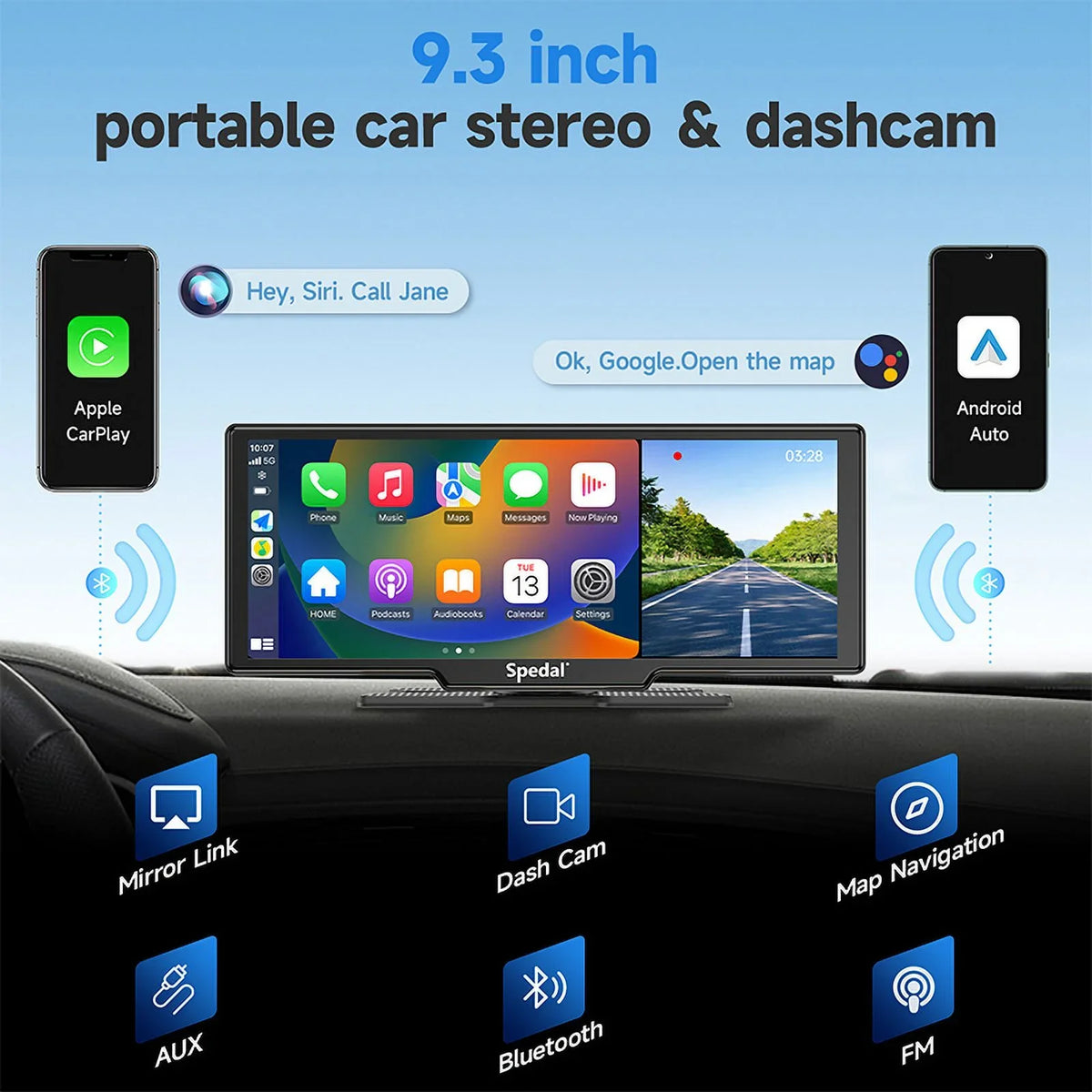 Car Bluetooth Dash Front 1080p Camera 4K and Stereo Screen 9.3" Stereo CarPlay CarPlay CL860 Spedal Cam Unit GPS Car Wireless Receivers with Rear Navigation Rear- Portable Head Auto ＆Android