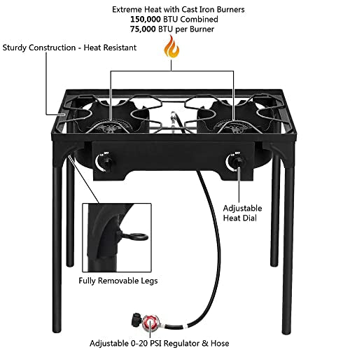 Frying Stove BTU with and Control Camping Backyard Removable 2 Legs, Knobs Cooker BBQ, Gas Temperature Burner Cooking, exterior Outvita for for Propane 150,000 Baking Cooking,