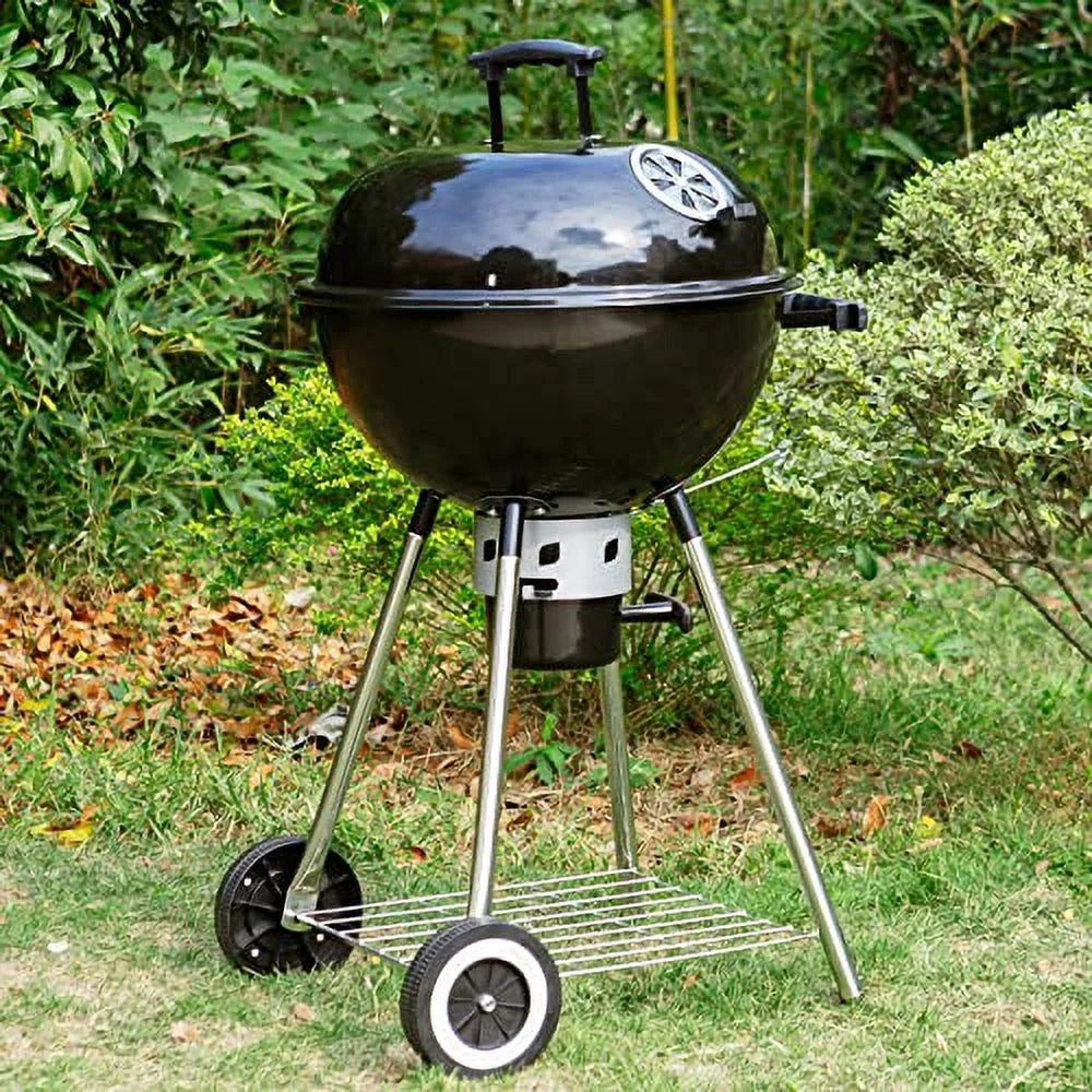 exterior with Grate, Porcelain-Enameled and Charcoal Patio Bowl, Picnic William Ash for Grill BBQ Chromeplated Catcher Lid Sophia Camping, Black & 18-inch BBQ Kettle