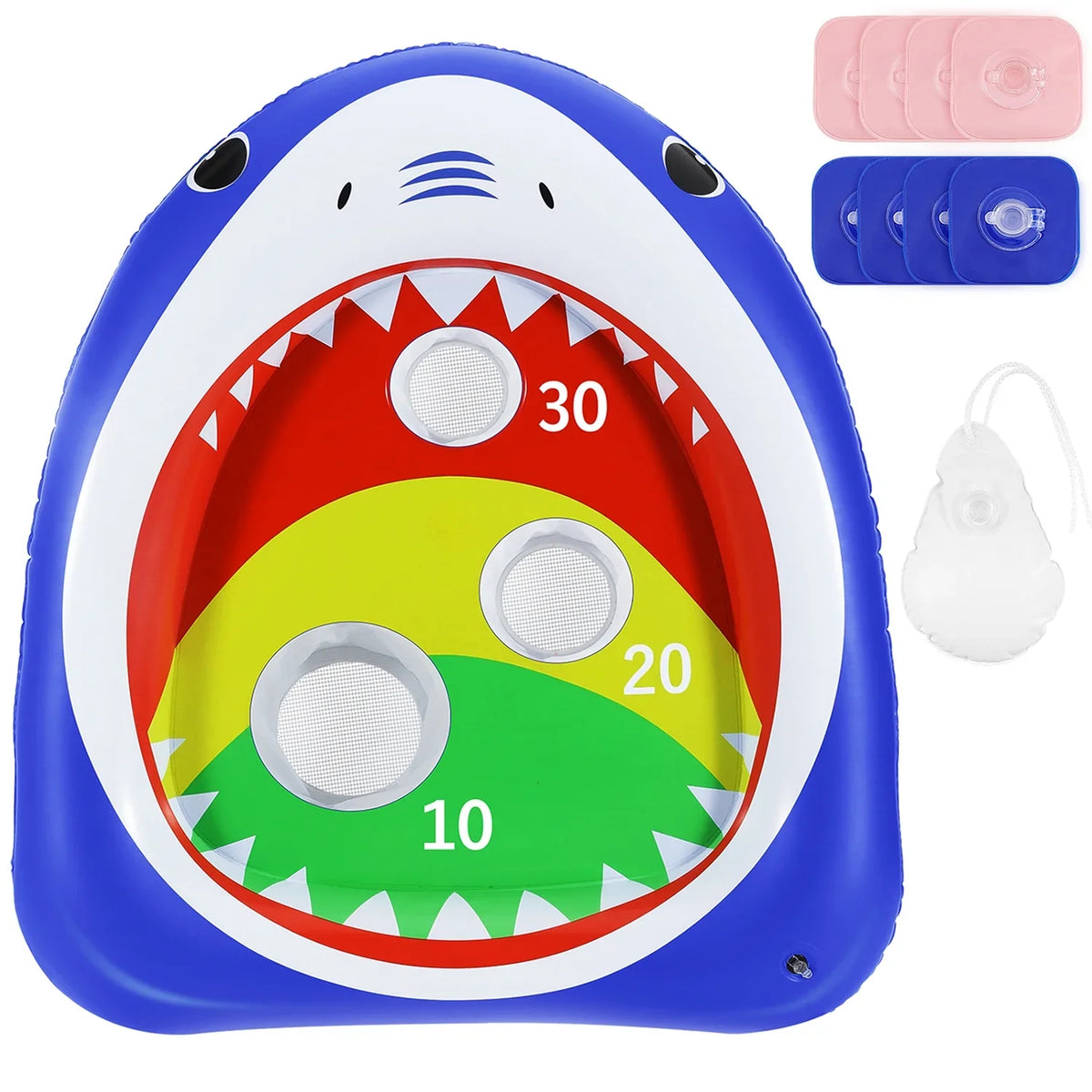 Blue Games for Ring Summer Party Toy 8 Kids Pool liquid Toys with Floating Sandbag, Family MoKo Inflatable Carnival, Shark Adults Toss