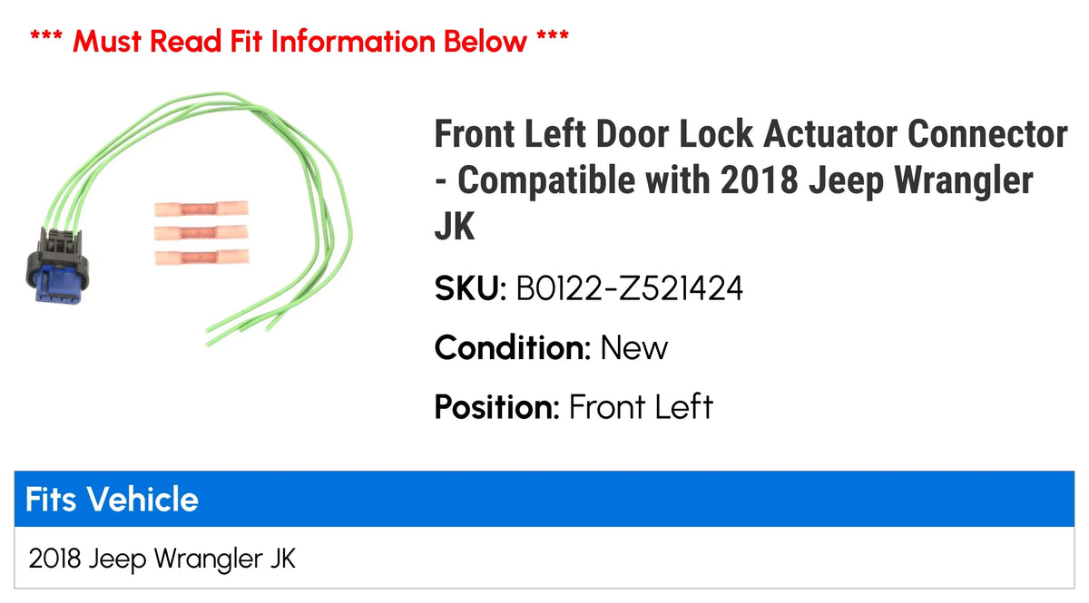 Compatible with Jeep Door Lock Actuator Connector Wrangler JK - Front 2018 Left