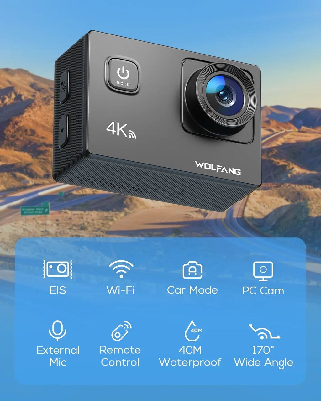EIS WOLFANG WiFi Underwater Video 170� Cam Camera Action Camera Waterproof Camera Stabilization 20MP Action 40M 4K