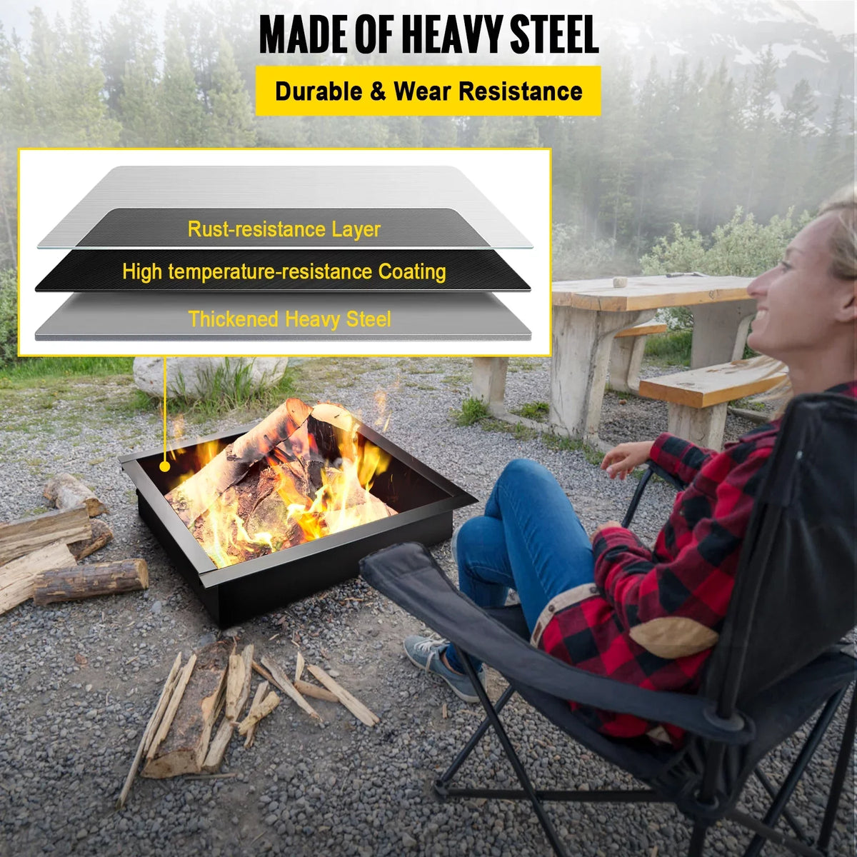 with Duty Fire Pit BENTISM Tongs Insert for Simple Patio, Ring, exterior, with Square Fire 30" Fire DIY Insert, Steel Pit Heavy Ring, Liner Installation Backyard Bonfire