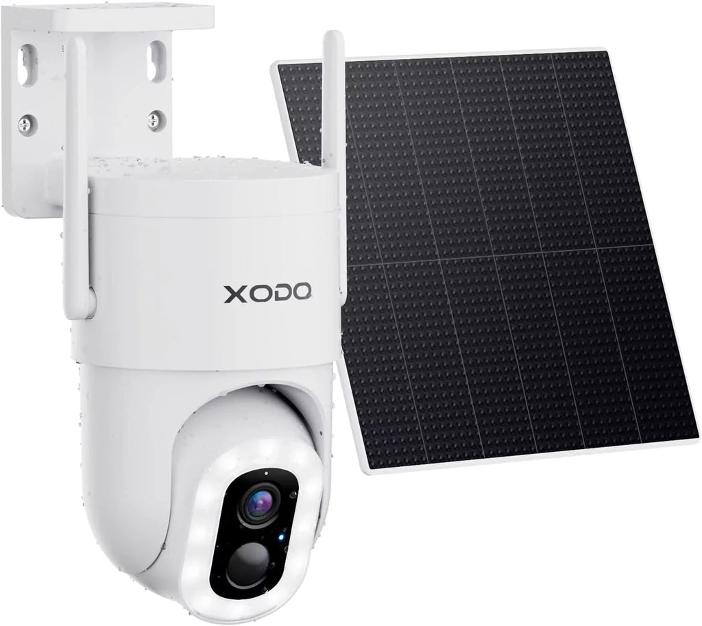 Remote with Security for E15 Pan-Tilt Siren, 2K Vision, 2-Way 3MP App Solar Cloud/SD Home Motion Detection, Camera Color Floodlight – View System, Night exterior Wireless Audio, 360° Cam XODO