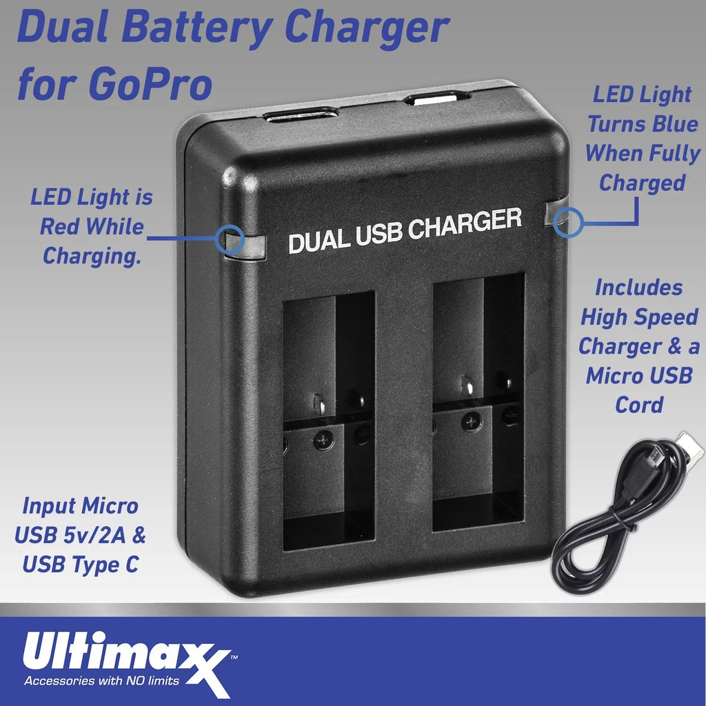 Much HERO10 Replacement Includes: Charger, liquid-Resistant Dual USB 2x Camera & Action Bundle GoPro - Essential Black (Hero More 10) Case Ultimaxx Batteries,