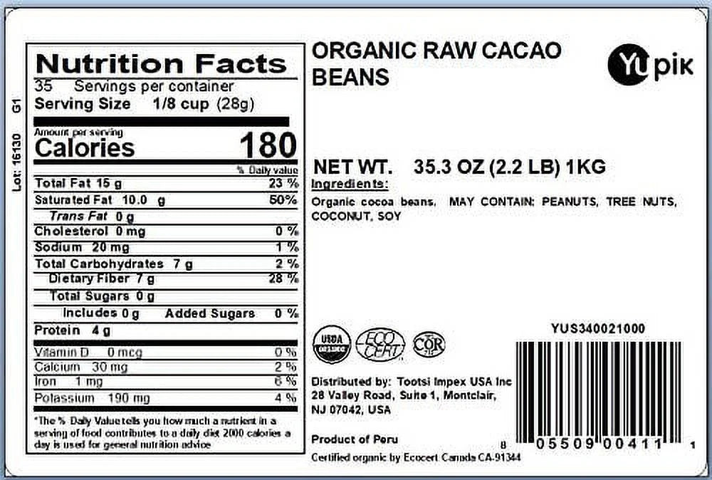 Organic Cacao 2.2lb Raw Yupik Beans,