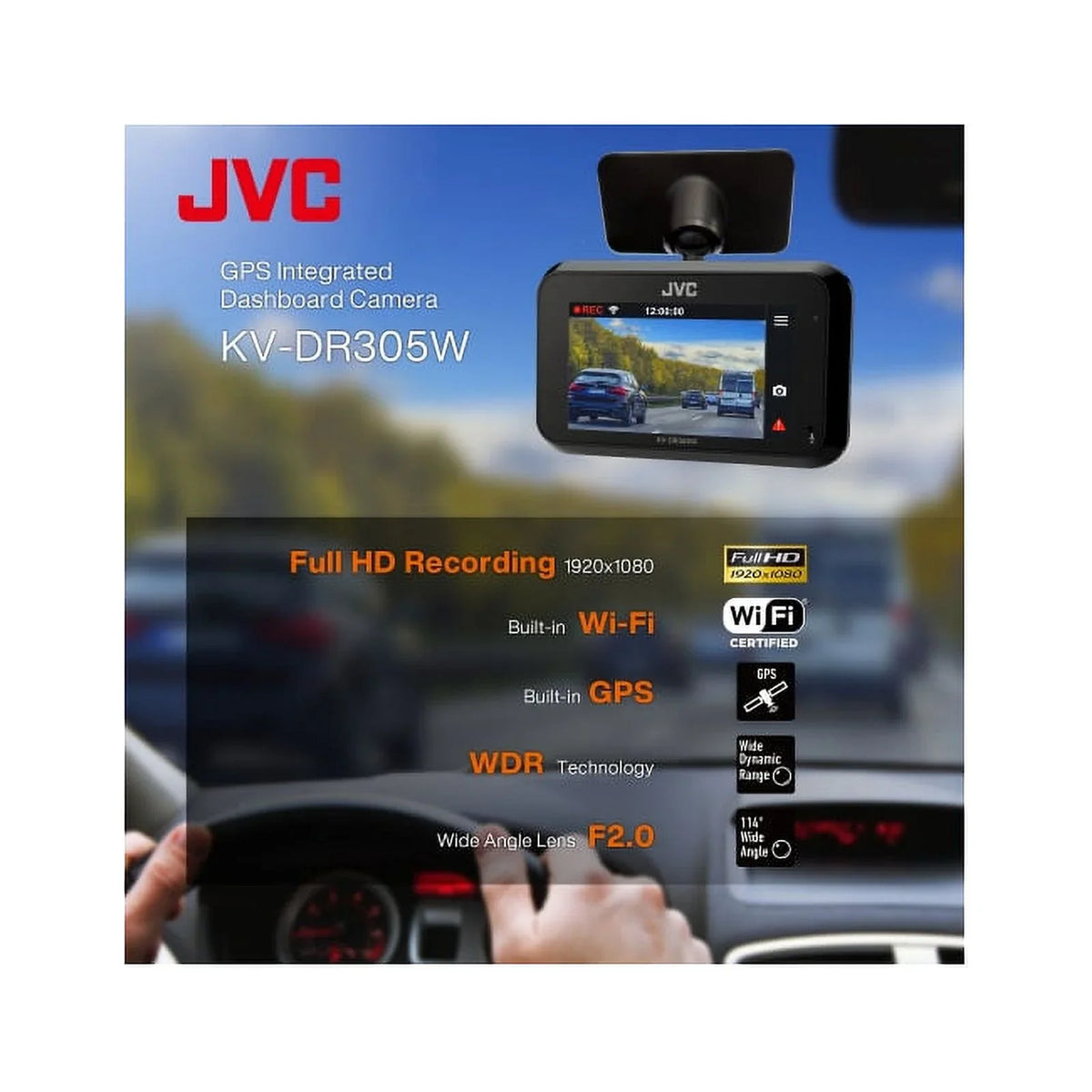 GPS, Full Wi-Fi, HD G-Force Full-HD-Dashcam Integrated JVC Smartphone KV-DR305W Sensor Built-in Linkag recording, 3-Axis and featuring